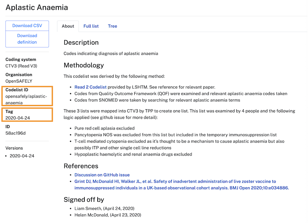 Finding the codelist id and tag on OpenCodelists.